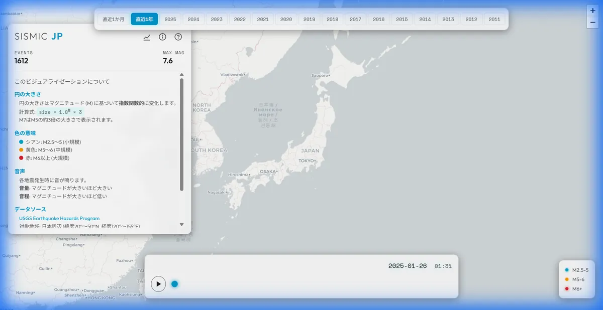 日本の地震活動マップ画面